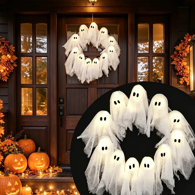 Halloween Ghost Wreath with LED Lights, 36cm Fabric Door Wreath, Lighted Hanging Halloween Decora... | Walmart (US)