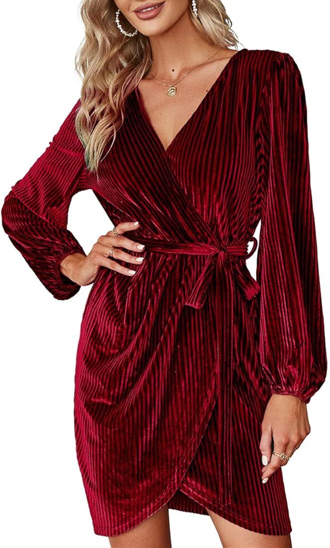 BerryGo Women's Long Sleeve Wrap Semi Formal Velvet Mini Dress Sexy Cocktail Party Winter Club Dress | Amazon (US)