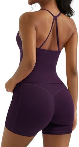 OMKAGI 2 Piece Workout Sets for Women Padded Sports Bra Tank Booty Gym Shorts with Pockets | Amazon (US)