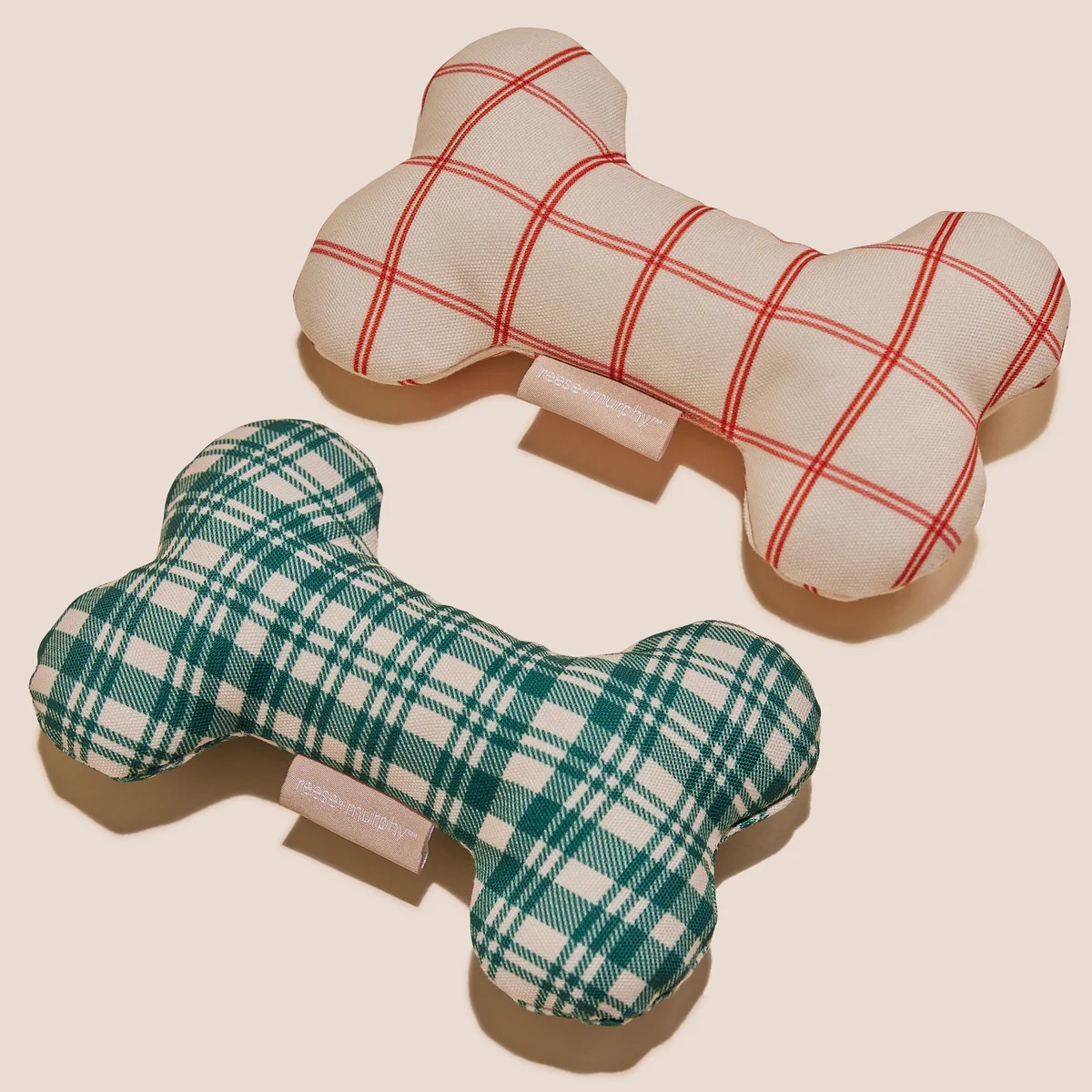 8" Candy Cane Red + Christmas Tree Green Bone Shaped Plush Toy Bundle | Reese + Murphy LLC