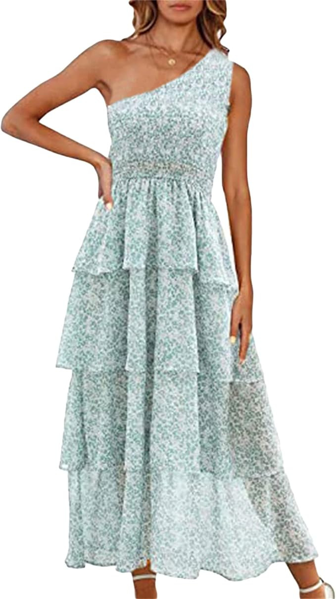 Women Summer One Shoulder Sleeveless Boho Maxi Dress Casual Solid Color High Waist A Line Tiered ... | Amazon (US)