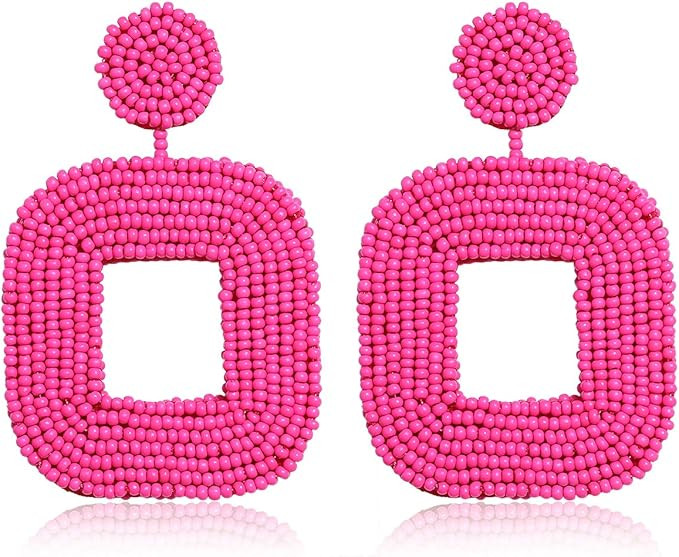 Boderier Beaded Drop Earrings Bohemian Wire Wrapped Beaded Square Hoop Dangle Statement Earrings | Amazon (US)