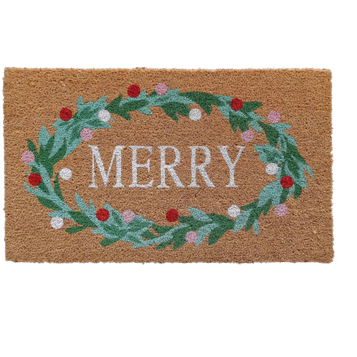18"x30" Holiday Merry Wreath Coir Doormat Natural and Green | Target