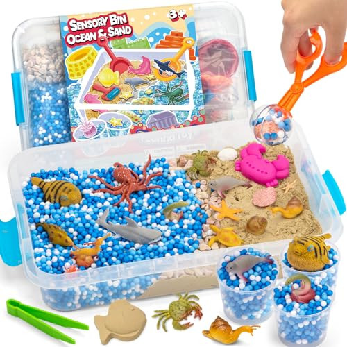 Ocean&Sand Sensory Bin with Lid, 42 Pcs Sensory Sand Kit with Sea Animals for Kids, Birthday Christmas Gifts for Boys Girls, Preschool Learning Activities Tools Box, Outdoor Sandbox Toys for Toddlers | Amazon (US)
