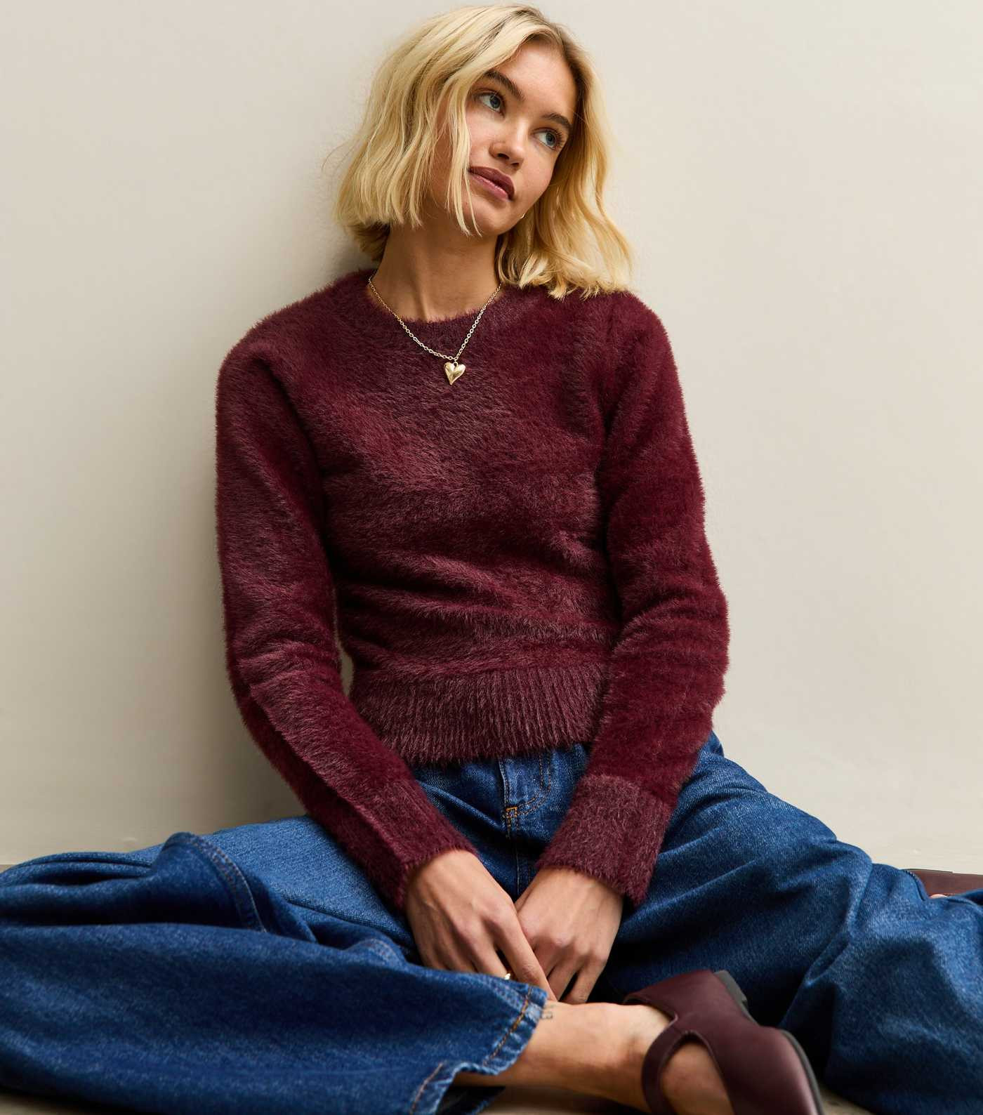 Burgundy Fluffy Knit Crew Neck Jumper | New Look | New Look (UK)