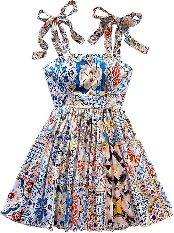 Floerns Women's Summer Floral Print Tie Shoulder Cami Dress Flare Hem Boho Mini Dress | Amazon (US)