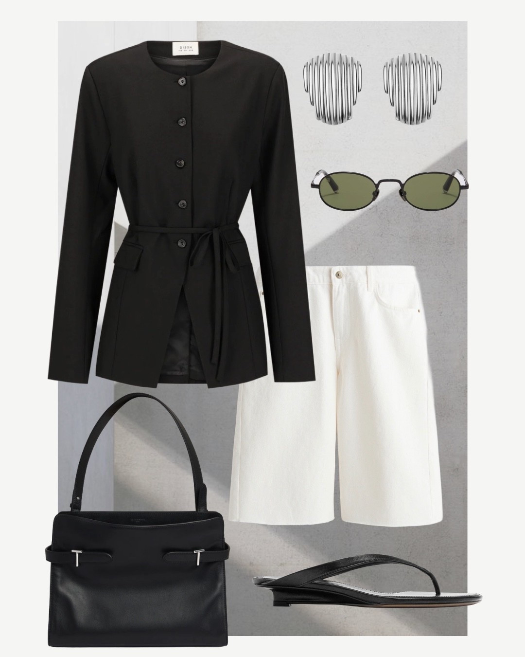 Summer date night outfit 🖤🤍 

Denim Bermuda shorts H&M
Waisted blazer Dissh 
Le Tanneur handbag 
90s slim sunglasses
Neima Row statement earrings 
Thong wedge sandal Massimo Dutti

Minimal style