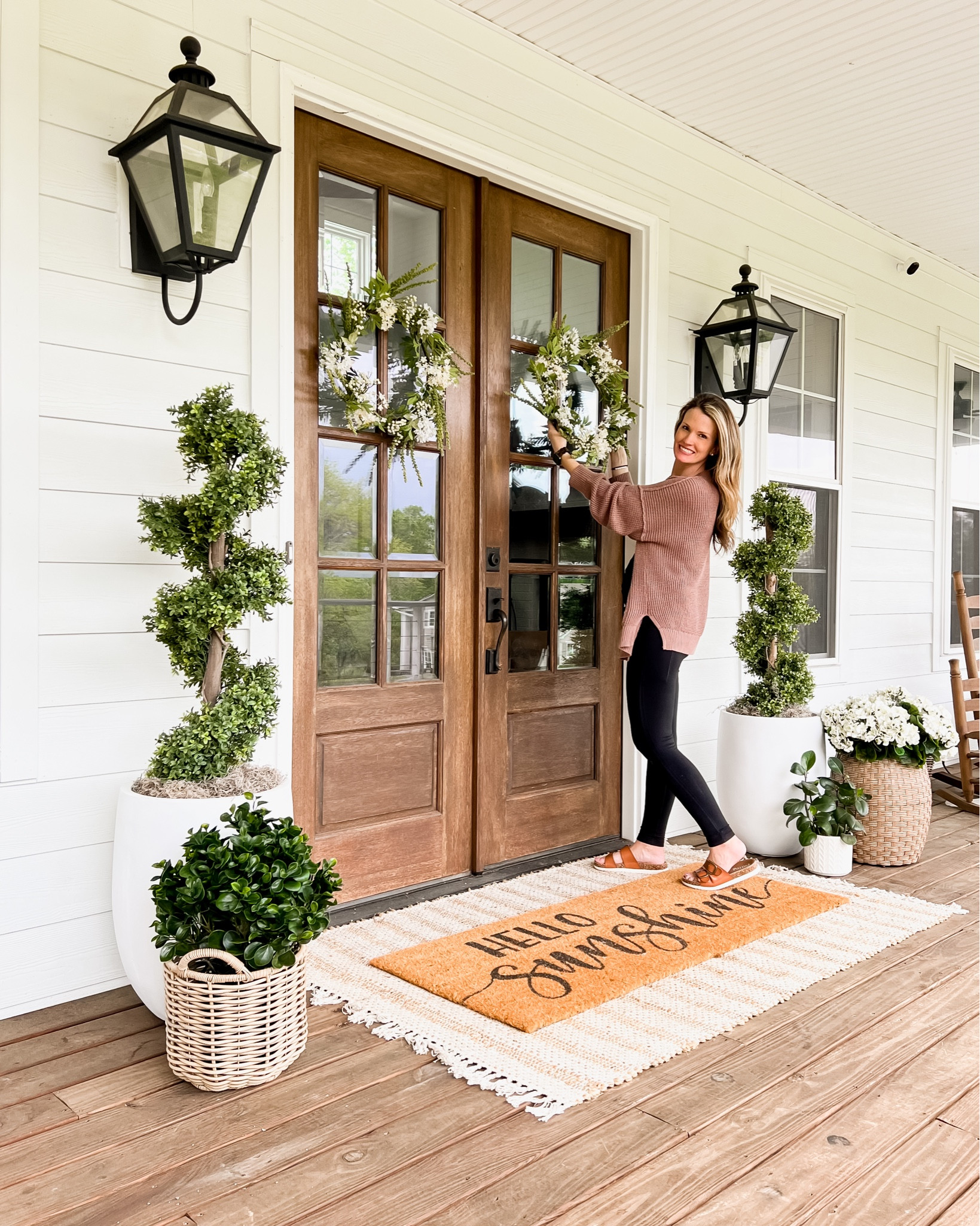 Front porch front door spring and summer home decor finds spiral boxwood topiary trees large white planters baskets outdoor table faux plants shrubs flowers artificial layered double jute scatter rug and xl long doormat Etsy Amazon nearly natural target overstock lantern sconce outdoor lighting lights spring floral wreaths oversized sweater sandals outfit ootd styling farmhouse transitional modern home accents 

#LTKSeasonal #LTKFind #LTKhome
