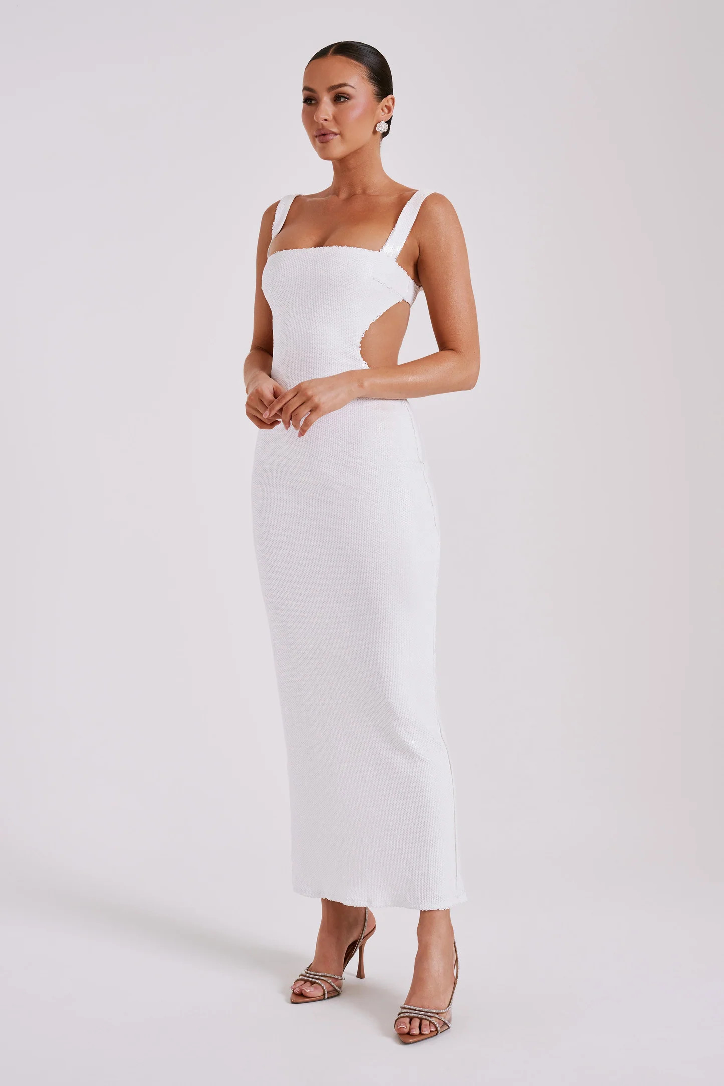 Adoria Sequin Cut Out Maxi Dress - White | MESHKI US