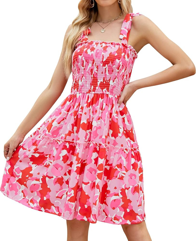 ZESICA Women's 2023 Summer Boho Floral Printed Spaghetti Strap Square Neck Ruffle A Line Swing Beach | Amazon (US)