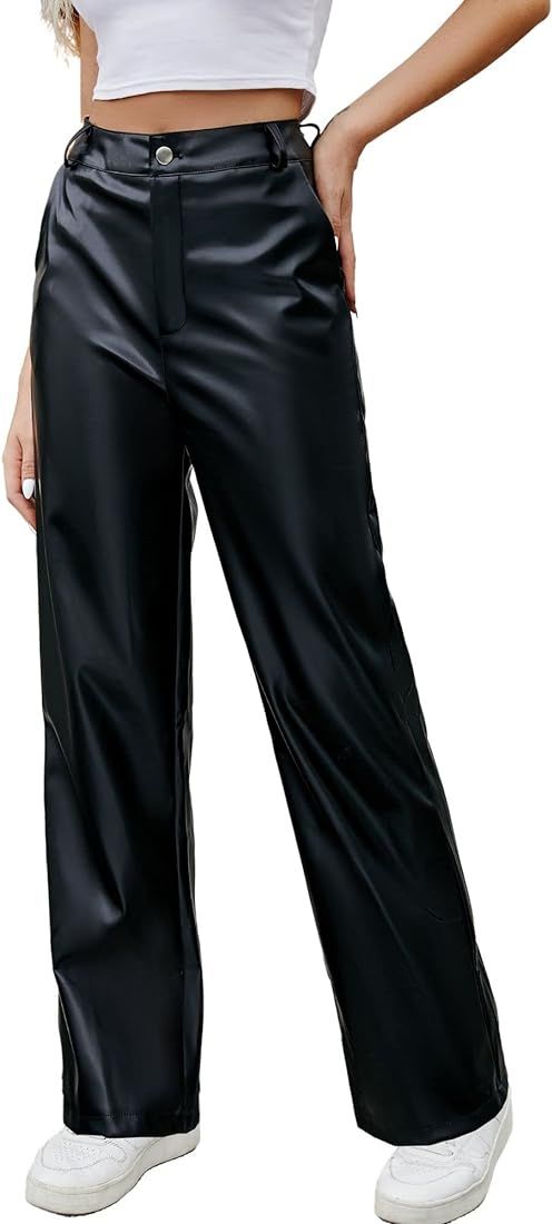 Keevoom Wide Leg Leather Pants for Women, Womens High Rise Straight Baggy Relaxed Fit Faux Leathe... | Amazon (US)