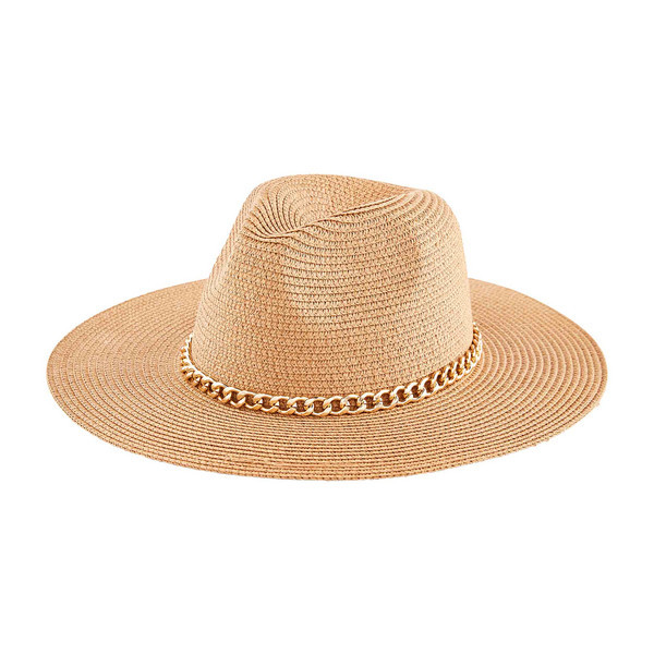 Mud Pie Women's Gold Chain Fedora Hat in Tan | 100% Paper Straw | Mud Pie