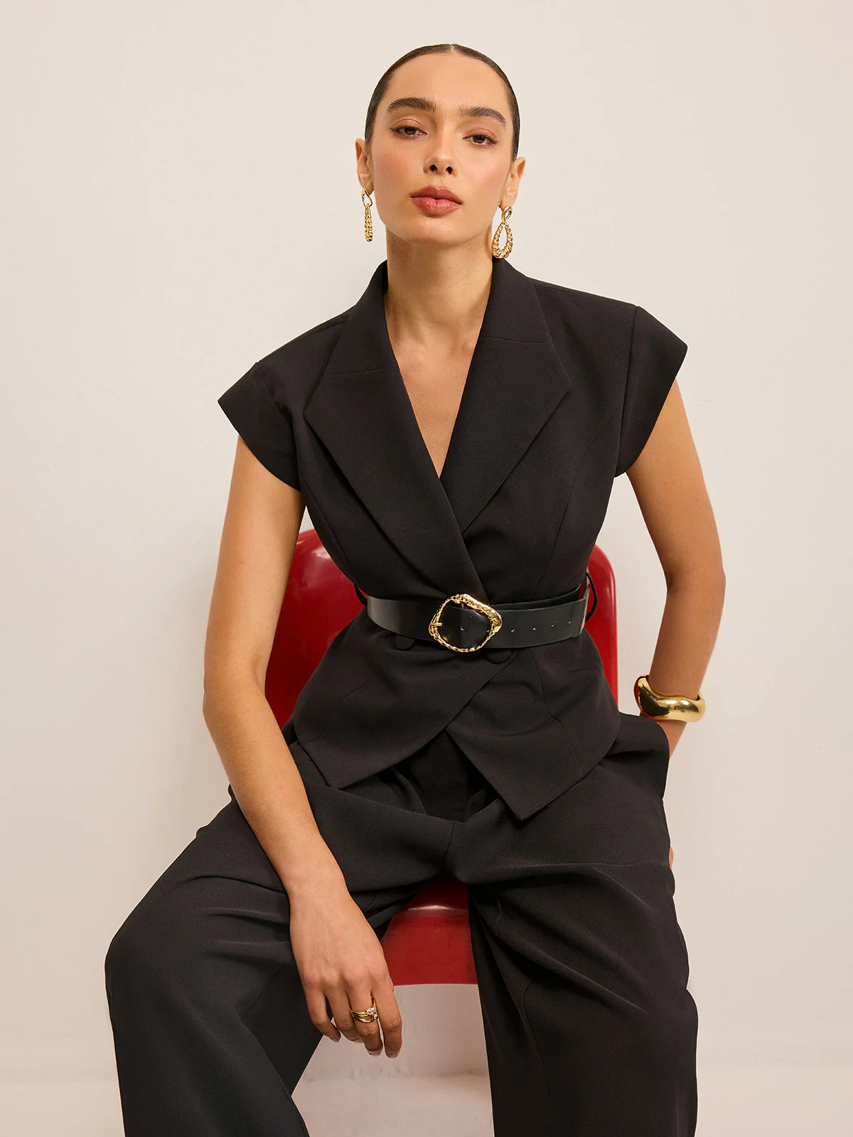 Belted Peplum Vest with Metal Buckle Detail | Commense