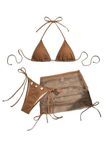 SOLY HUX Women's 3 Piece Swimsuit Fishnet Halter Triangle String Bikini Set Bathing Suit with Cover Up Beach Skirt Pure Coffee Brown Medium | Amazon (US)