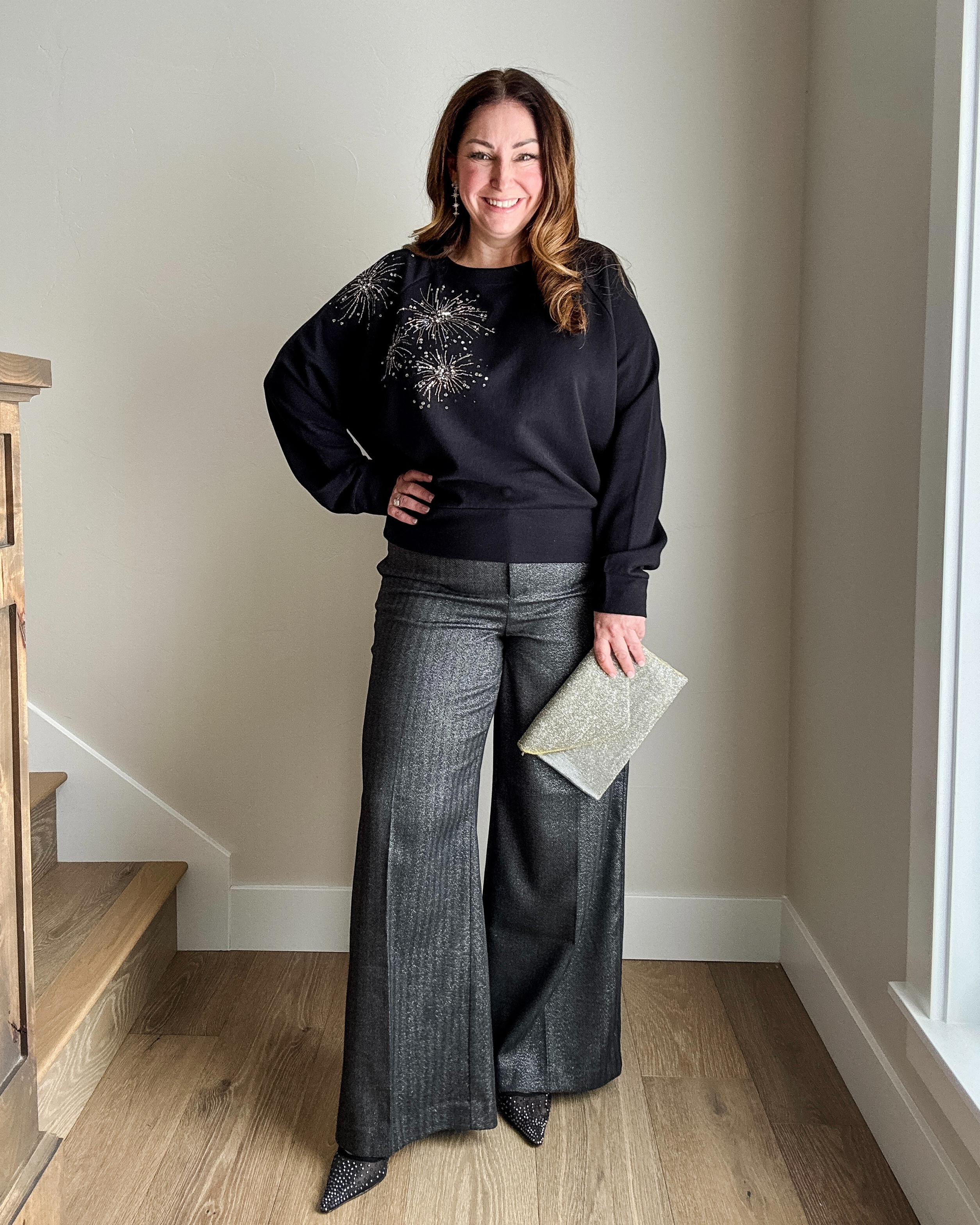 New Years Eve outfit with sequi n firework sweatshirt and shimmer wide leg pants. Wearing large in top and 14 in pants size up if in-between  

 #LTKHoliday #LTKSeasonal #LTKSaleAlert