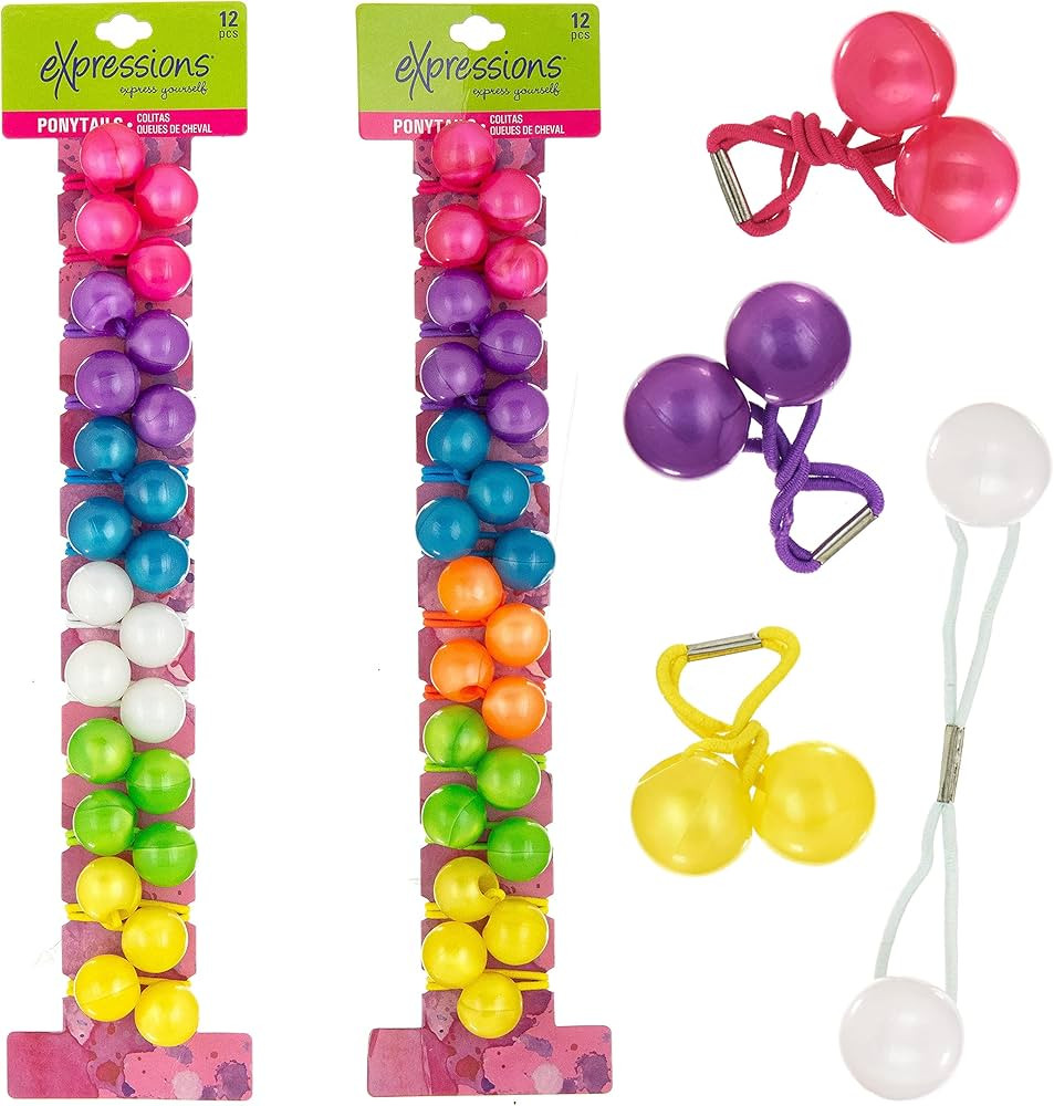 Expressions 24 Pc Ponytail Ball Hair Elastics Collection,Brightly Colored Marble Finish Twin Bead... | Amazon (US)