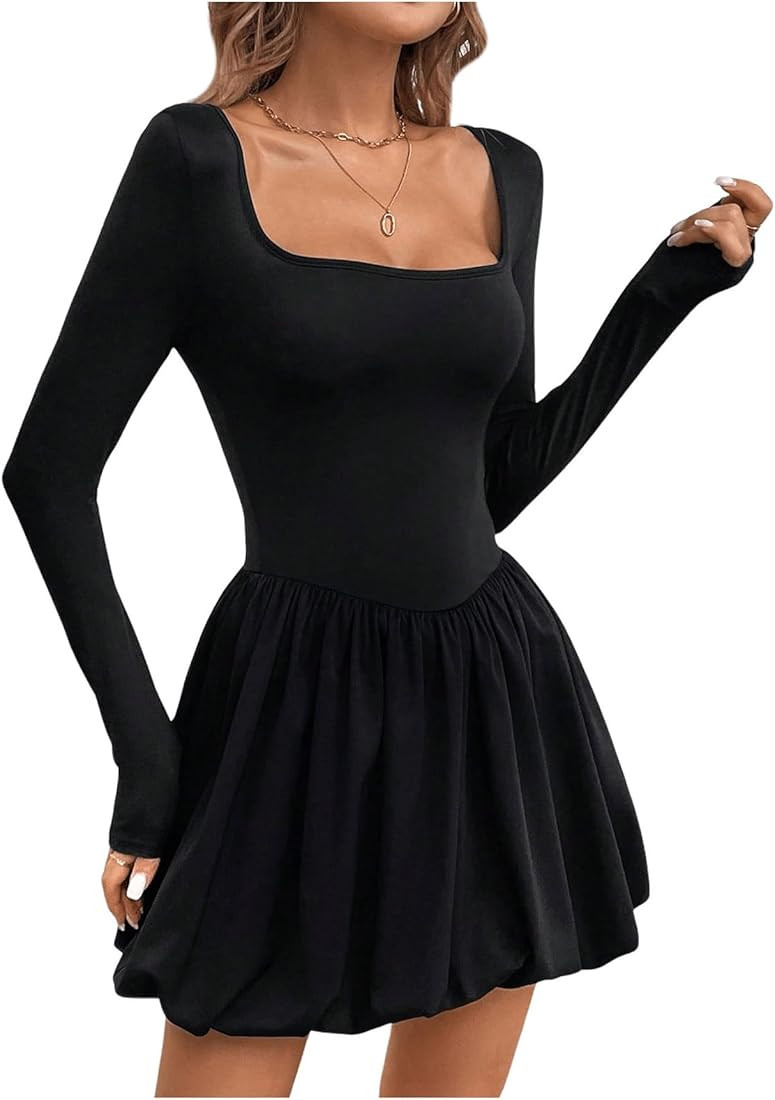 SweatyRocks Women's Square Neck Long Sleeve A Line Mini Ruffle Bubble Dresses | Amazon (US)