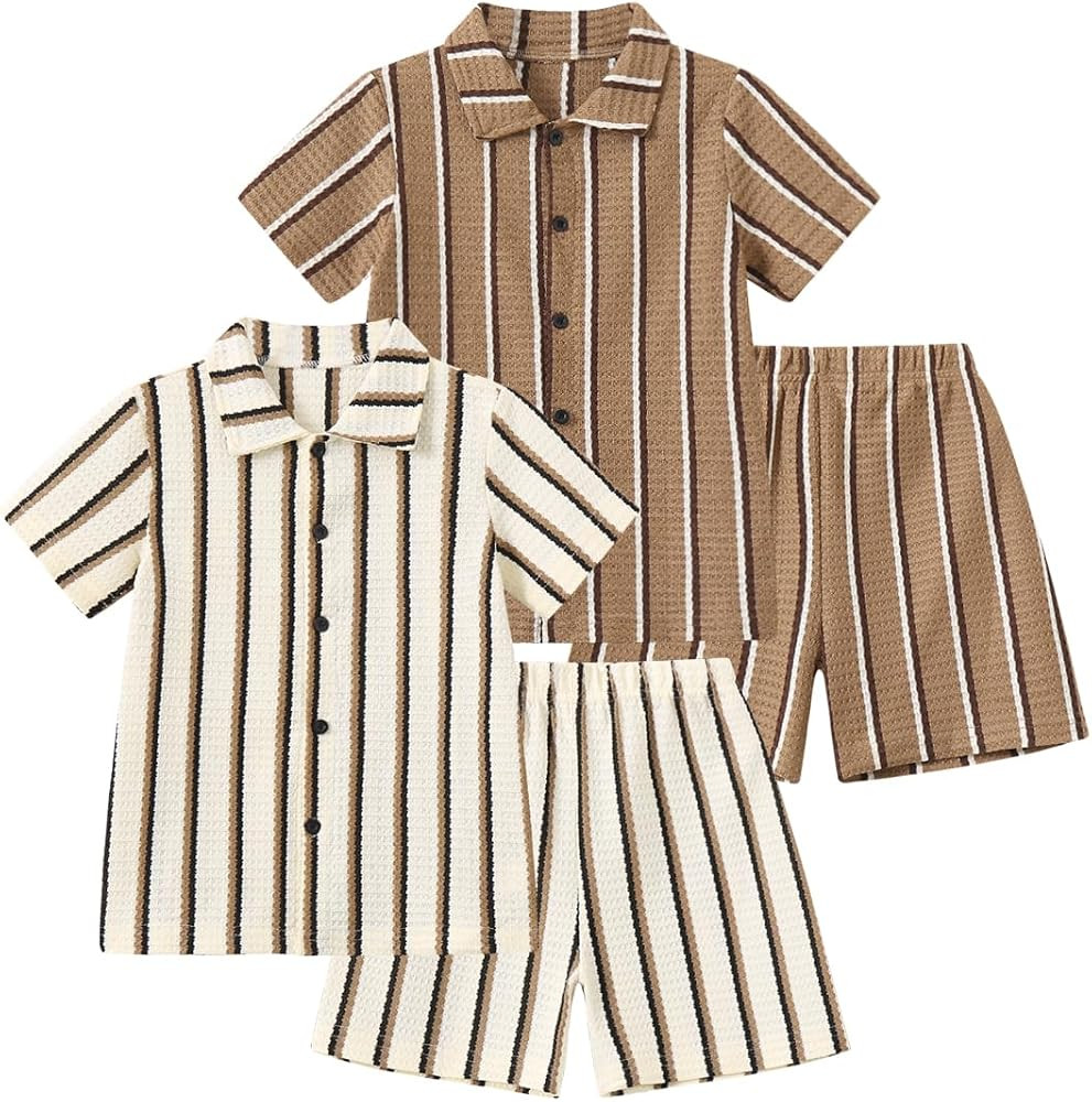 Boys Outfits Striped Short Sleeve Button Down Shirt and Shorts Set Casual Summer Clothes Vacation... | Amazon (US)