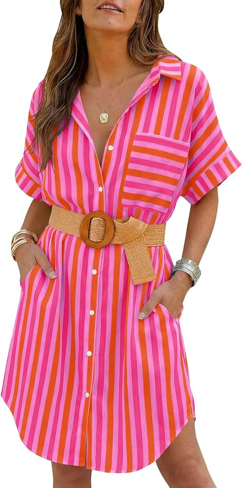 Wenrine Women's Oversized Striped Shirt Dress Casual Button Up Short Sleeve Belted Summer Midi Lo... | Amazon (US)