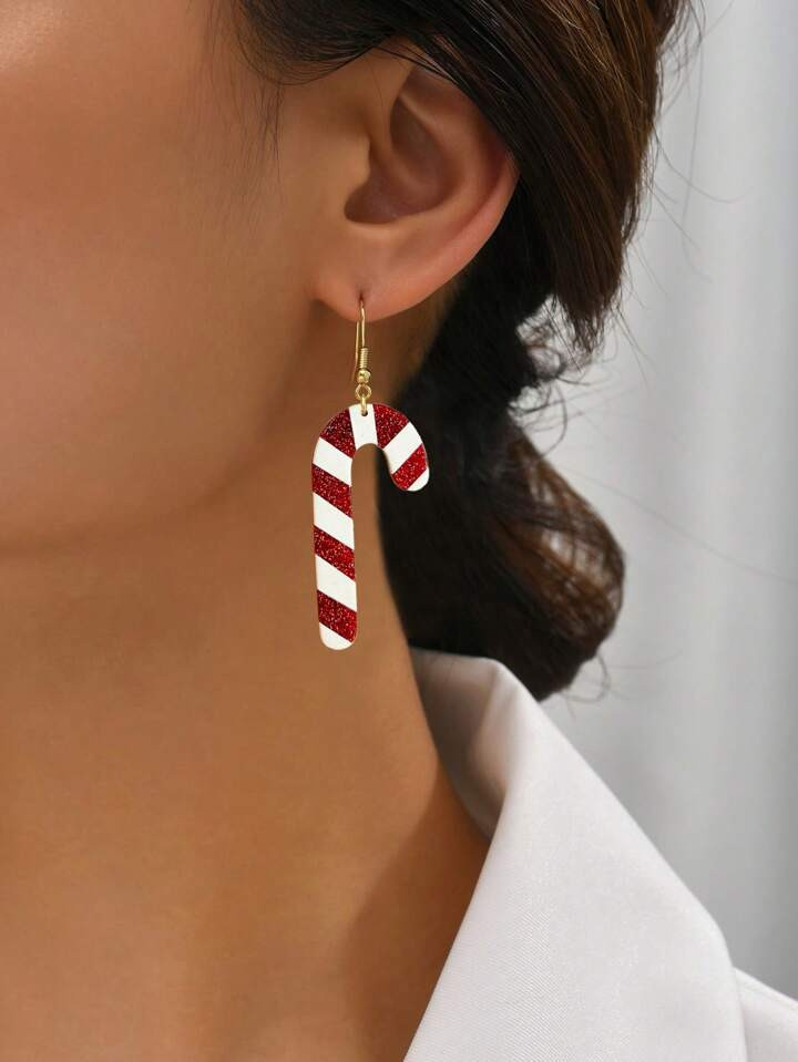 1 Pair Acrylic Cartoon Christmas Bling-Bling Cute Gingerbread Man Earrings With Sequins, Red Cand... | SHEIN