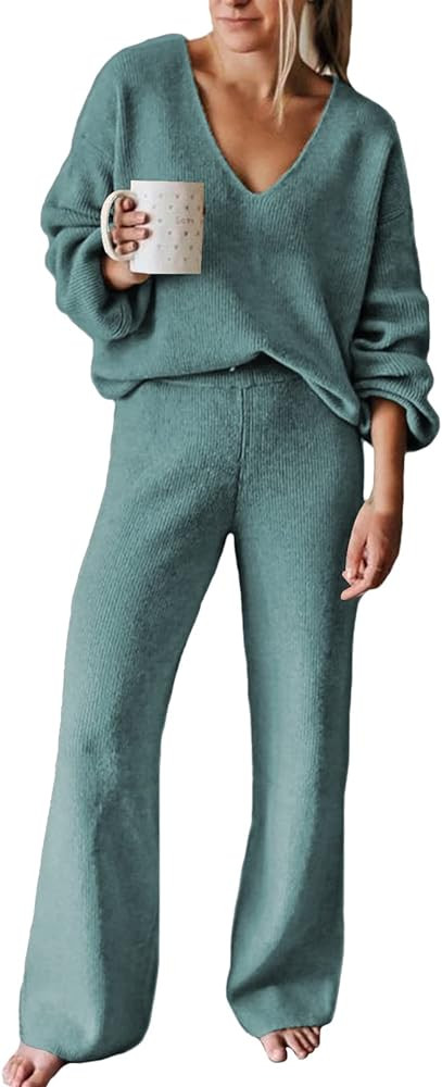 Viottiset Women's 2 Piece Outfits Casual V Neck Knit Wide Leg Sweater Lounge Set Sweatsuit | Amazon (US)