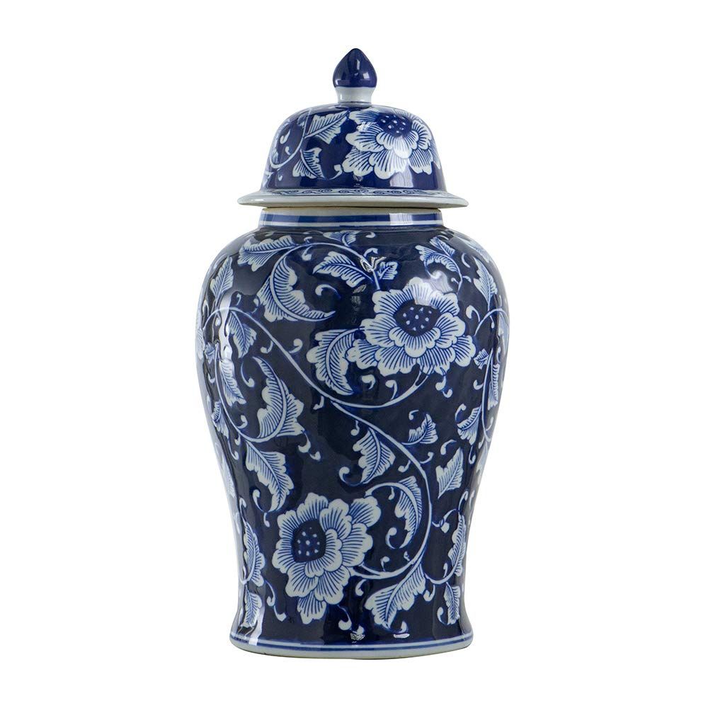 A&B Home 18" Porcelain Decorative Jar with Lid Blue White Floral Print Vase Ginger Jar Centerpiece D | Amazon (US)