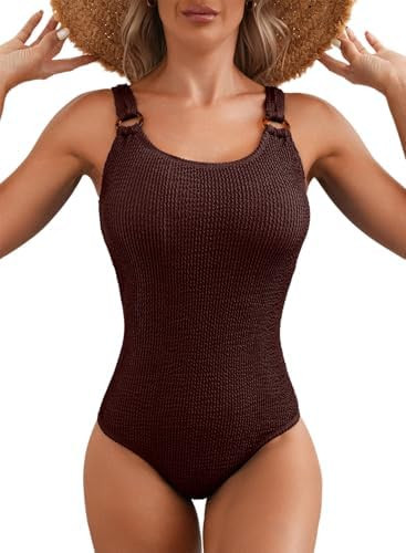 Herseas Women's One Piece Swimsuit Solid Ribbed Padded O Ring Wide Straps Scoop Neck Summer Tummy... | Amazon (US)