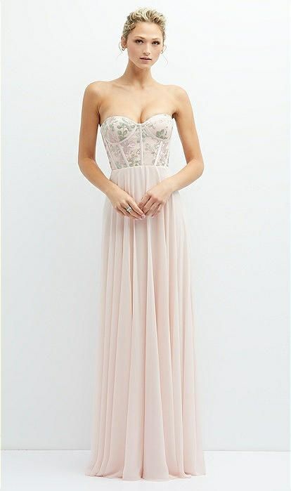 Strapless Floral Embroidered Corset Maxi Dress with Chiffon Skirt in Blush | The Dessy Group