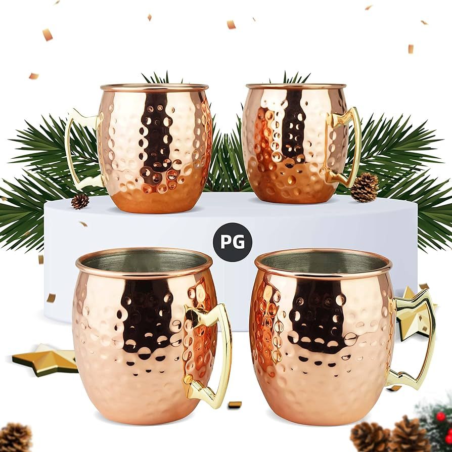 PG Moscow Mule Mugs | Large Size 19 ounces | Set of 4 Hammered Cups | Stainless Steel Lining | Pu... | Amazon (US)