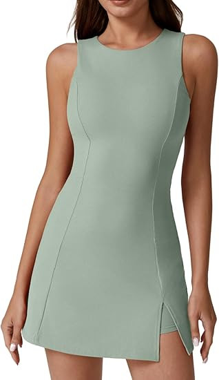QINSEN Womens Crew Neck Tennis Dress Sleeveless Side Slit Golf Athletic Dress Build in Shorts wit... | Amazon (US)