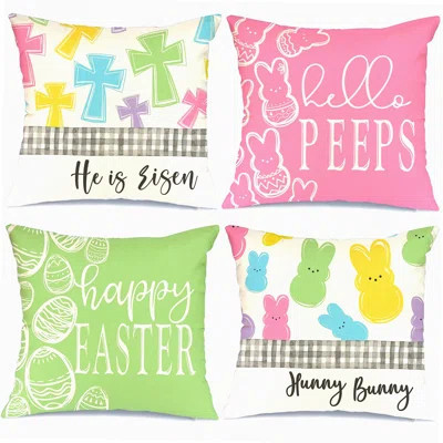 Springtime Joy Pillow Covers - Set of 4 Easter Decorative Cushion Cases - Hello Peeps, He is Risen Cross, Hunny Bunny Design for Couch - G205-18 | Wayfair North America