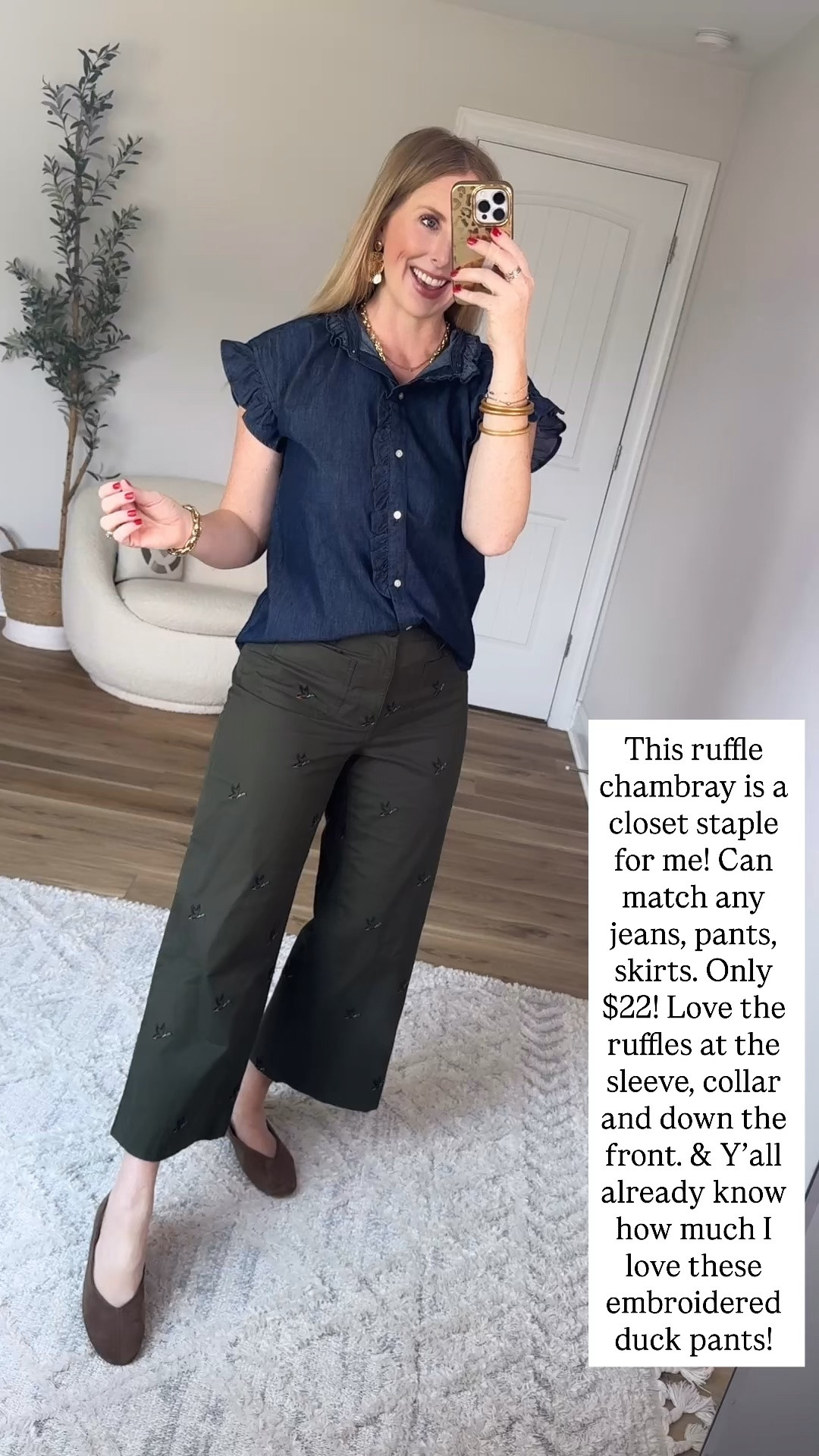 Walmart style, Walmart try on, ruffle chambray, embroidered duck pants, free assembly

#LTKootd