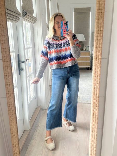 The cutest free people fair isle sweater. Wearing the size small. Also comes in a grey and white color. Jeans are a wide leg crop and wearing size 26! Jeans are almost sold out! Linking some of my other favorite jeans

#LTKstyletip #LTKHoliday #LTKshoecrush