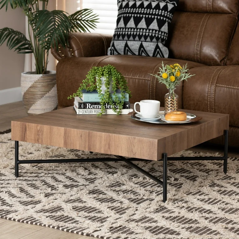 Baxton Studio Savion Modern Industrial Walnut Brown Finished Wood and Black Metal Coffee Table | Walmart (US)