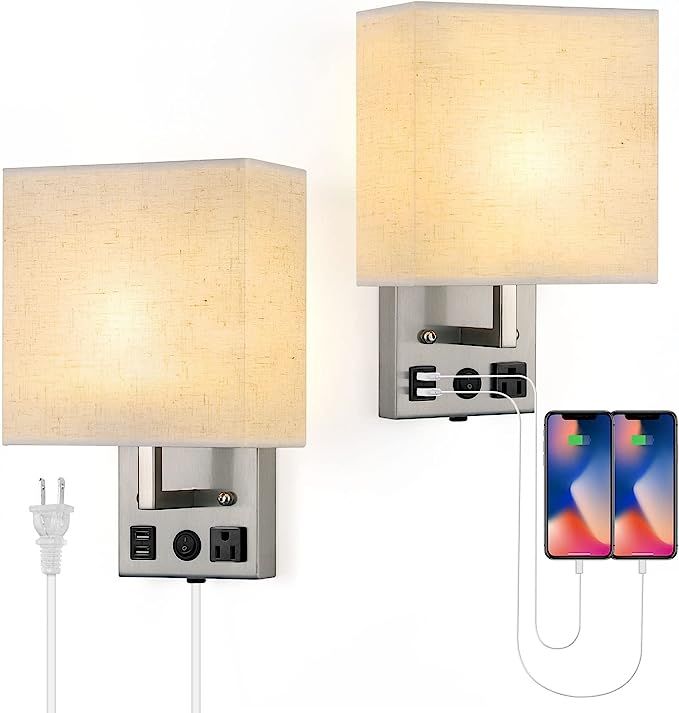 Plug in Wall Sconces Set of 2 Bedside Wall Lamp Light with USB Charging Ports AC Socket, Fabric L... | Amazon (US)