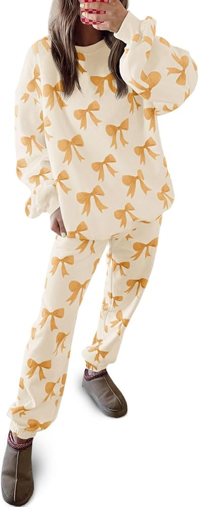 Tankaneo Womens 2 Piece Outfits Sweatsuit Bows Printed Casual Long Sleeve Oversized Sweatshirt an... | Amazon (US)