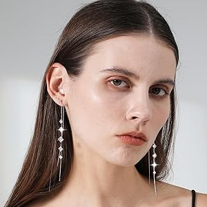 Threader Earrings for Women 925 Sterling Silver Plated Cubic Zirconia Long Dangle Drop Earrings f... | Amazon (US)