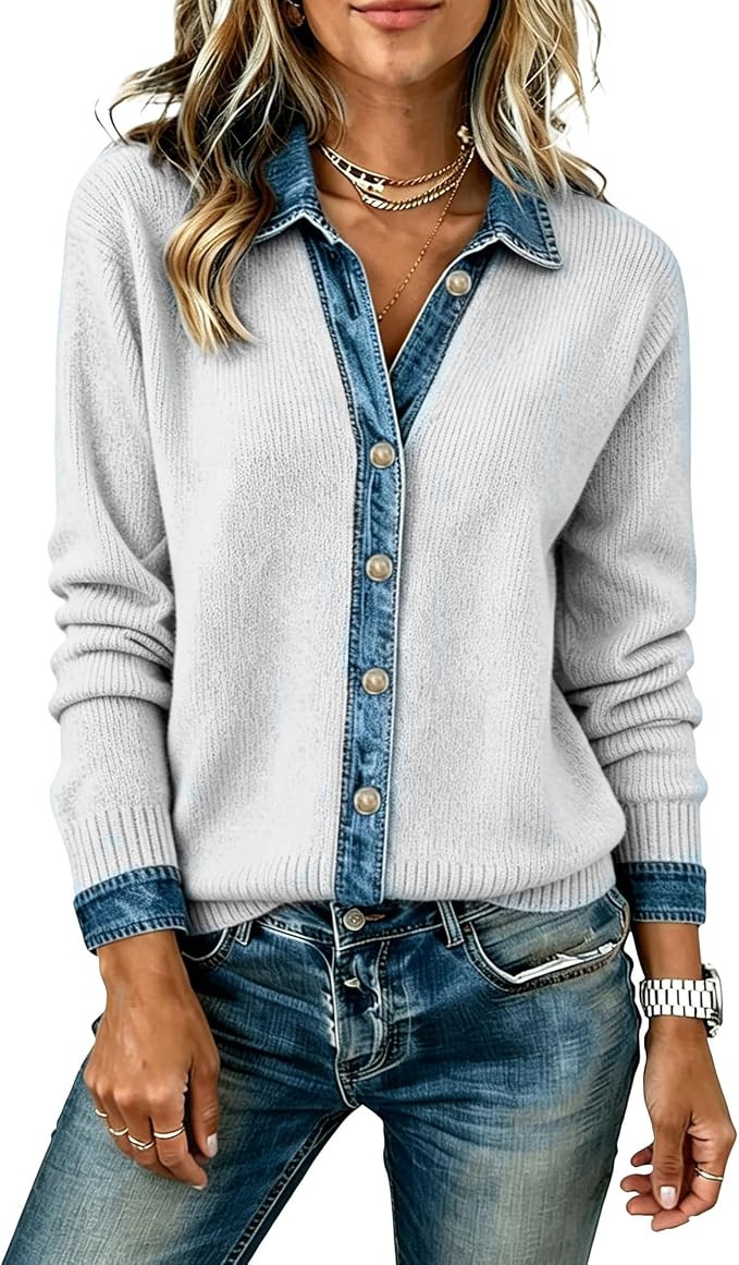 Women's Cardigan Sweaters Denim Patchwork Trim Knitted Tops Long Sleeve Button Outerwear | Amazon (US)