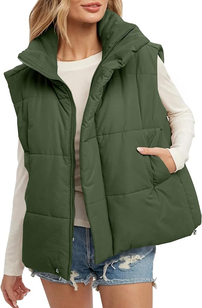 Fazortev Womens Oversized Puffer Vest Zip Up Stand Collar Sleeveless Padded Jacket Coat | Amazon (US)