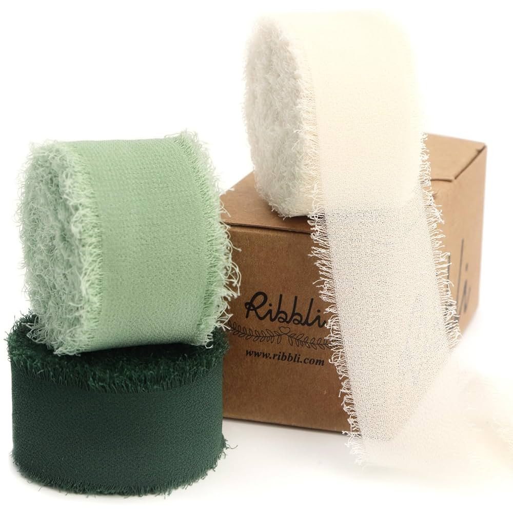 Ribbli Green Ribbon 1 Inch x 3 Rolls Total 24 Yards Ivory/Sage/Forest Green Handmade Fringe Chiff... | Amazon (US)
