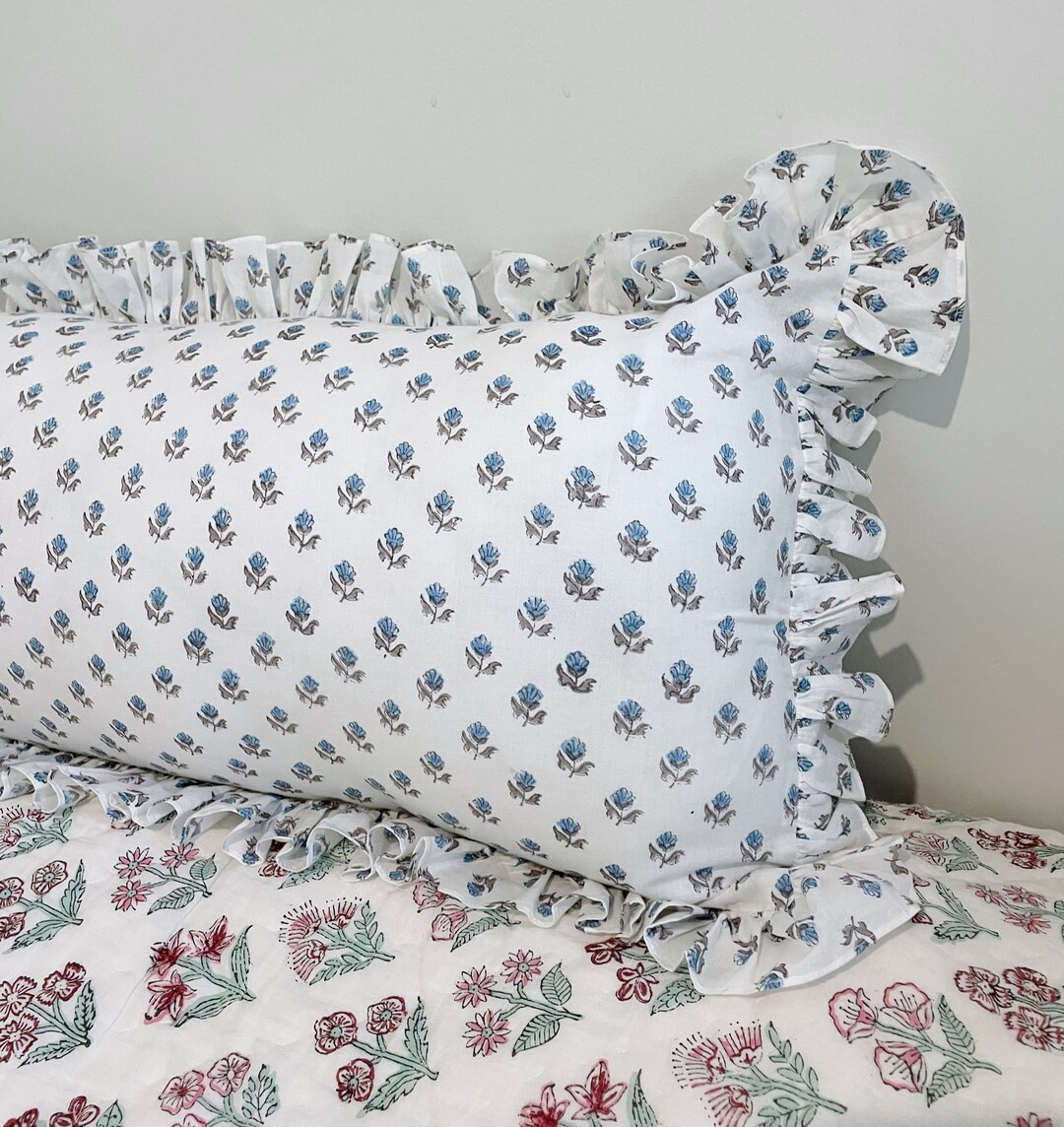 Lumbar Cushion in Blockprint Cotton Long Pillow With Big Ruffles - Etsy | Etsy (US)