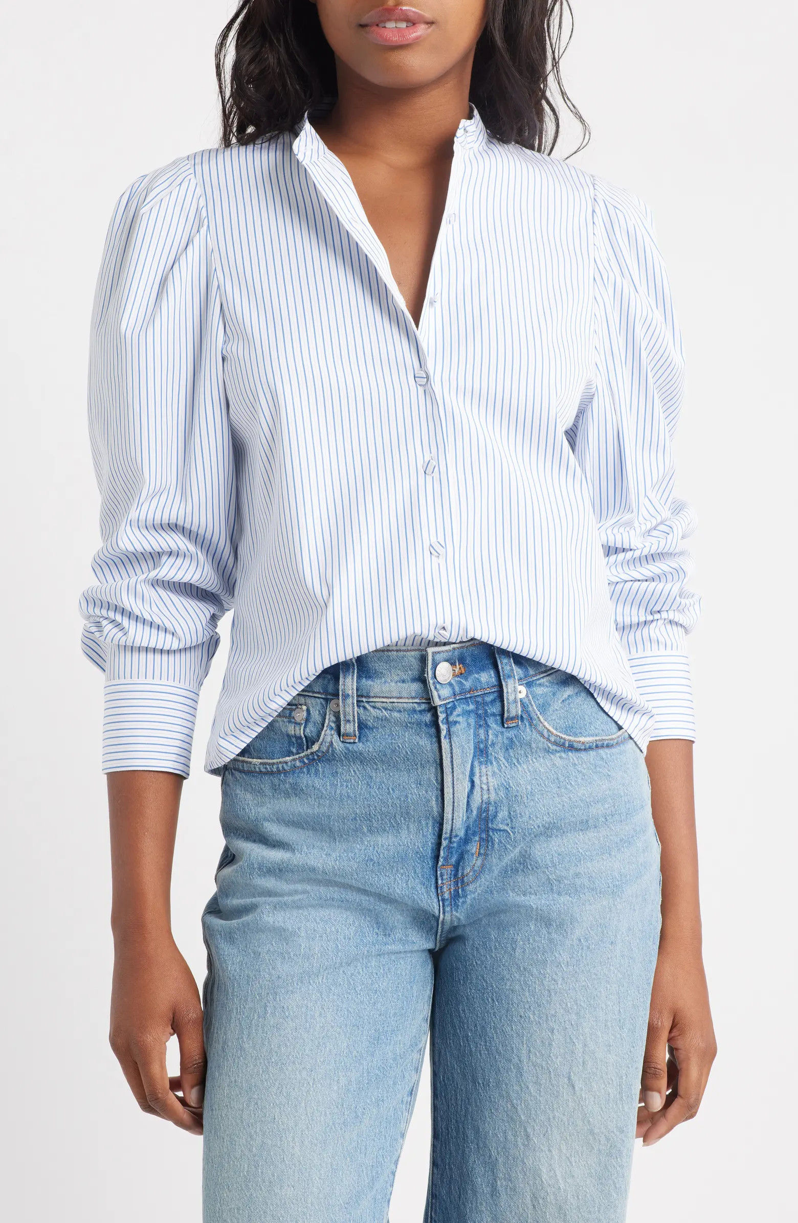Paulina Stripe Cotton Poplin Band Collar Button-Up Shirt | Nordstrom