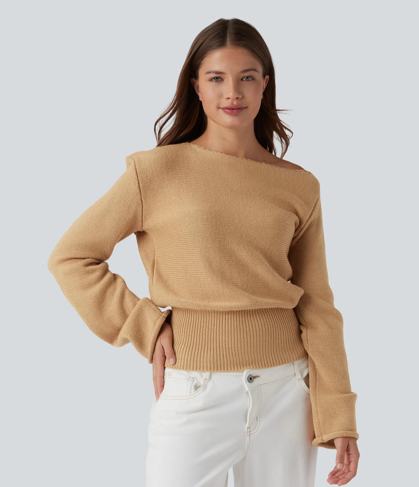 Women’s Asymmetric Neck Long Sleeve Casual Sweater - Halara | HALARA