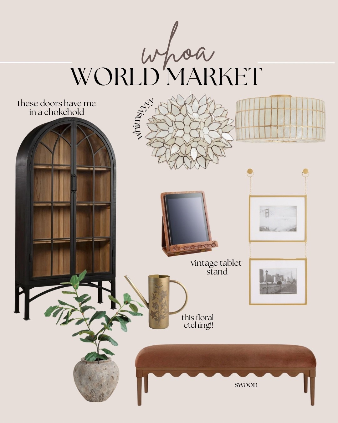 Yessss to everything world market has going on here! Could not pass up this carved wood tablet holder and etched brass water pitcher… both under $25! Also drooling over the color and scallops on this bench and the details on this arched cabinet 🤌🏼

World market vintage modern, scalloped bench, carved wood tablet stand, whimsy chandeliers

#LTKHome #LTKSaleAlert