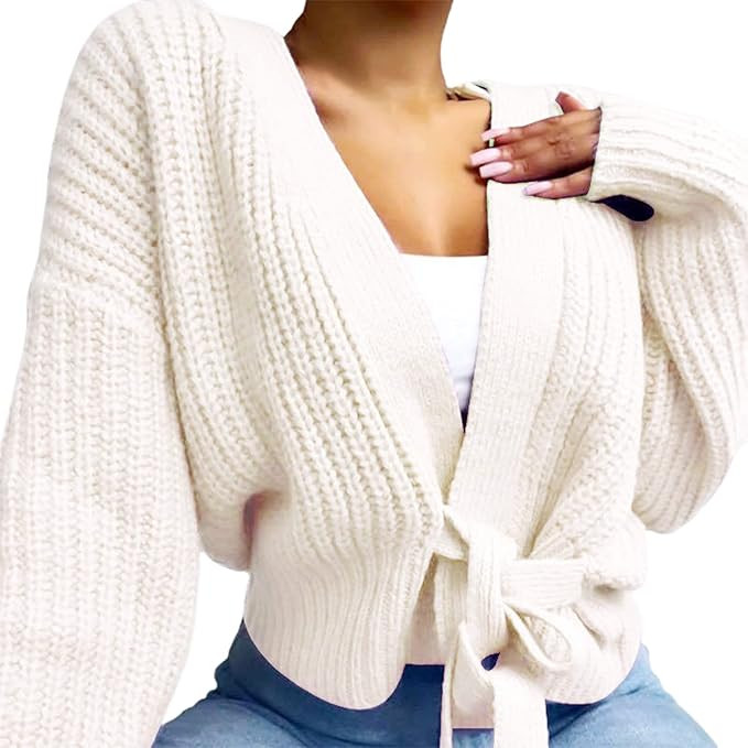 Women Sweater, Women's Solid Color V-Neck Lace-up Placket Long-Sleeved Sweater Knit Top Lantern S... | Amazon (US)