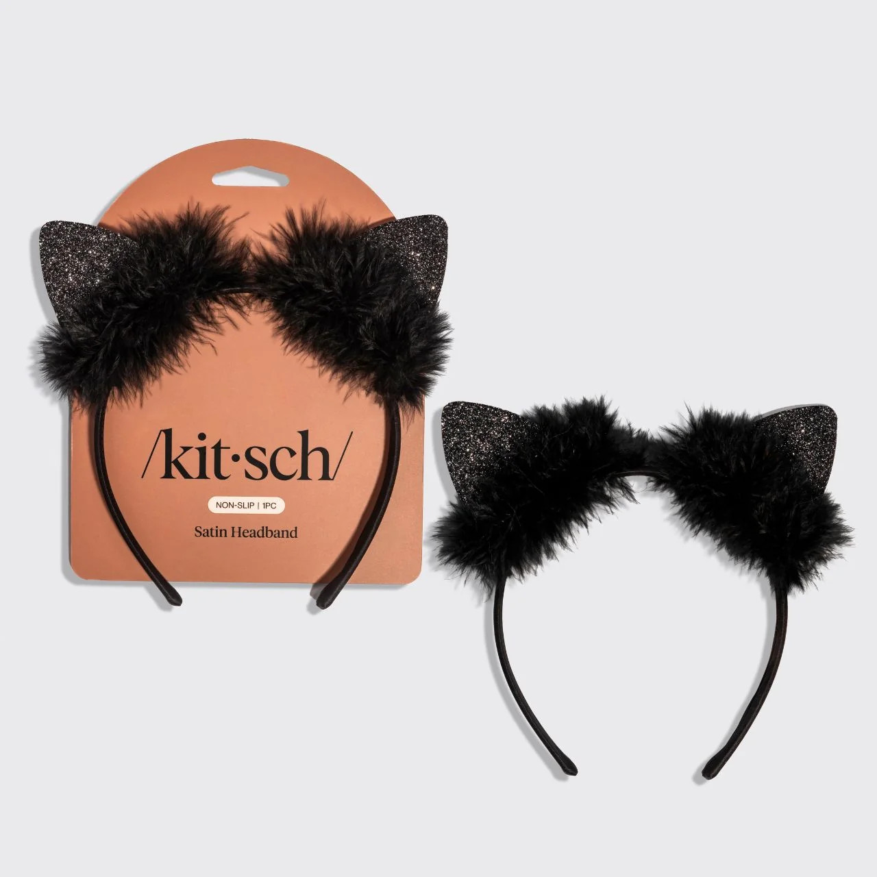 Black Glitter Satin Cat Ears Headband | Kitsch