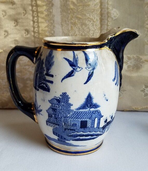 ANTIQUE Buffalo Pottery Pitcher/blue and White With Gold Trim - Etsy | Etsy (US)