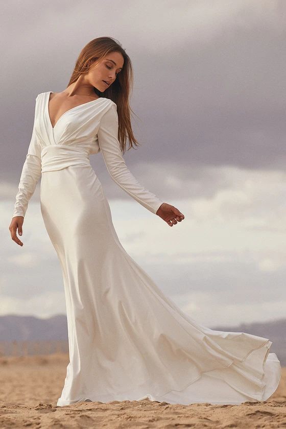 Magnificent Romance White Satin Long Sleeve Mermaid Maxi Dress | Lulus (US)
