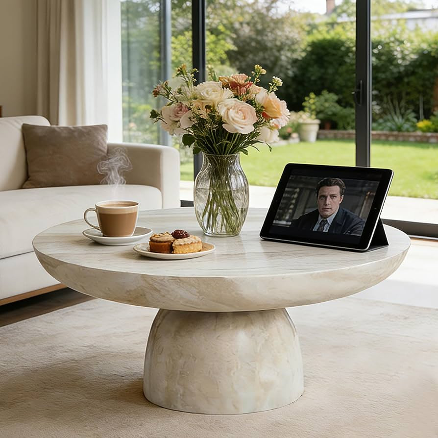 31.5" Round Coffee Table with Pedestal Base,Stylish and Modern Faux Marble Center Concrete Coffee... | Amazon (US)