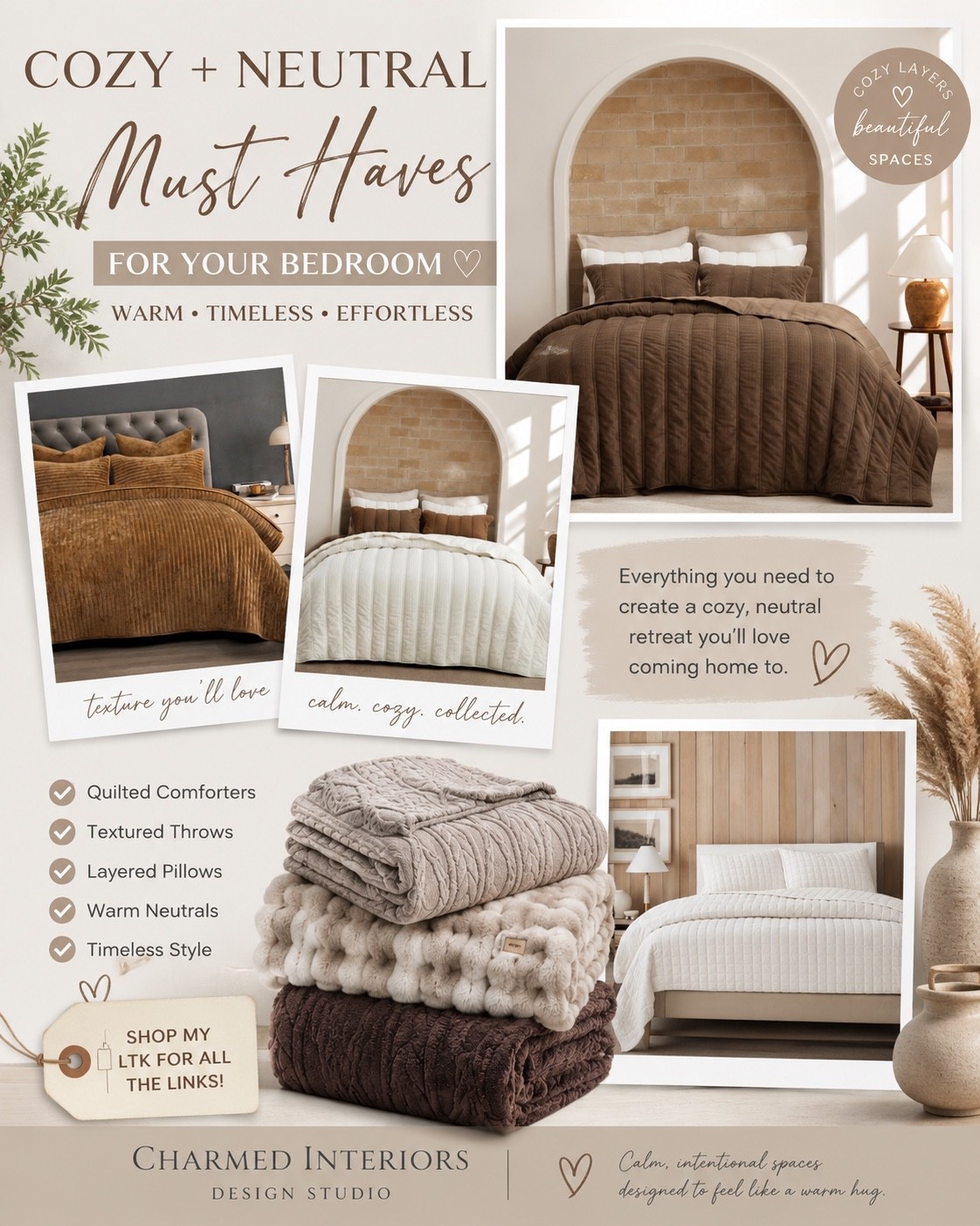 Your bedroom should feel like the coziest place in your home. ✨ These neutral essentials bring warmth, texture, and a timeless designer look without overwhelming the space. Think layered bedding, plush throws, and calming earth tones you’ll love year-round.

#BedroomDecor #CozyBedroom #HomeDecor #StyledByCharmed

#LTKU #LTKHome #LTKSaleAlert